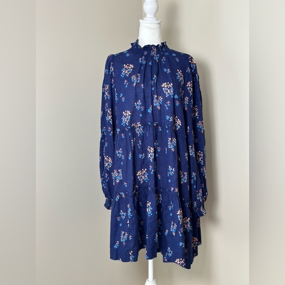 Free People Beautiful Floral Printed Open Back Long Sleeve Mini Dress Size Large - Picture 4 of 10